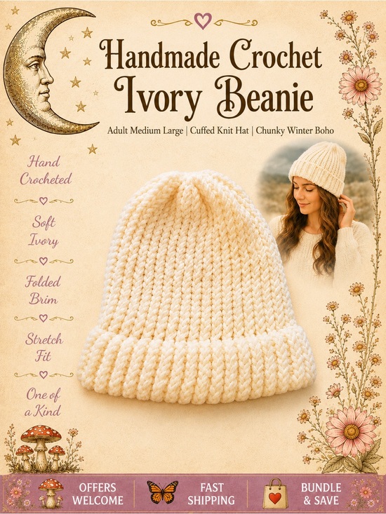 Accessories - Handmade Crochet Ivory Beanie Adult Medium Large Cuffed Knit Hat Winter Boho